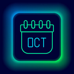 Glowing neon line October calendar autumn icon isolated on black background. Colorful outline concept. Vector