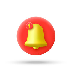 Notification bell in 3d cartoon minimal style. Vector illustration.
