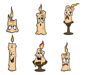 Set of cute candle light with emotions. Collection of cartoon funny wax candle with a burning wick. Fantasy characters. Vector illustration paraffin of candle on white background.