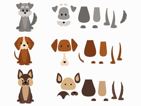 Set of dog constructor kit. Collection of beautiful colorful puppies. Pet lover. Vector illustration on white background.