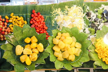 Popular thai dessert during Songkran Festival. Kanoon cheum (jackfruit in syrup), Luke choop (Mung Bean Candy),  Khanom chan (lucky food)