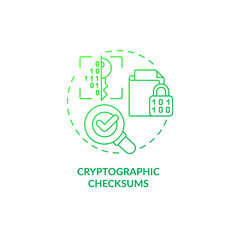 Cryptographic checksums green gradient concept icon. Sensitive information. Data integrity abstract idea thin line illustration. Isolated outline drawing. Roboto-Medium, Myriad Pro-Bold fonts used