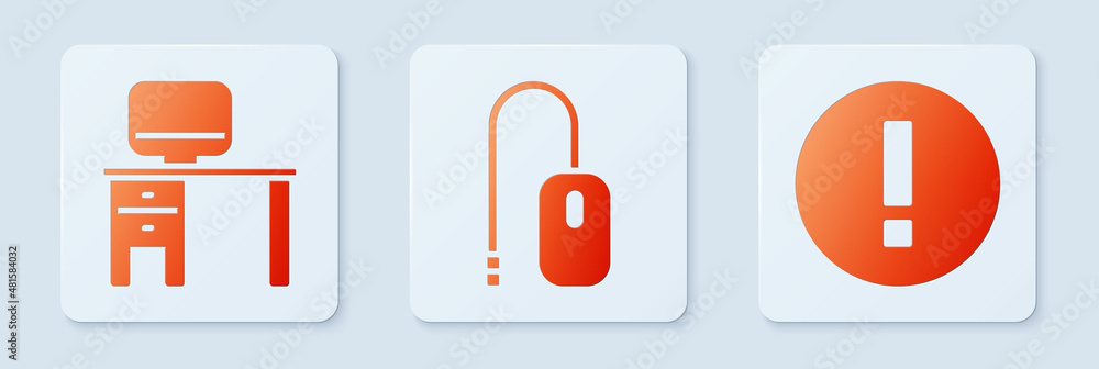 Poster set computer mouse, computer monitor and desk and information. white square button. vector