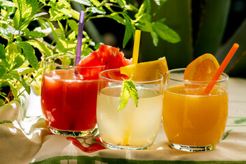 Glasses of different juices and colors, watermelon, lemon, orange, outdoor photography with natural light and mint plant