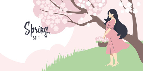 Spring girl. Beautiful girl with a basket of flowers on the background of spring nature. Vector image. 