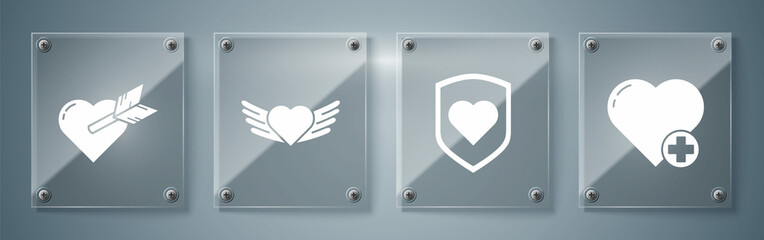 Set Heart, Heart with shield, Heart with wings and Amour with heart and arrow. Square glass panels. Vector