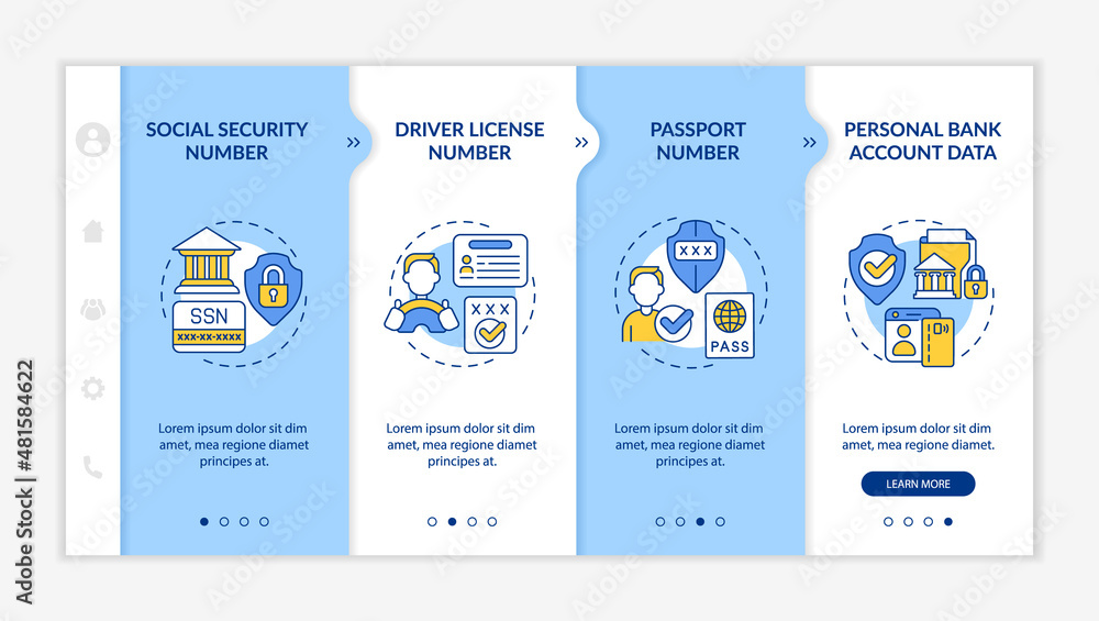 Poster highly sensitive data blue and white onboarding template. confident information. responsive mobile w