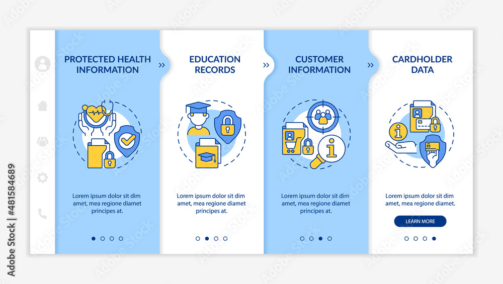 Poster examples of sensitive data blue and white onboarding template. safe privacy. responsive mobile websi