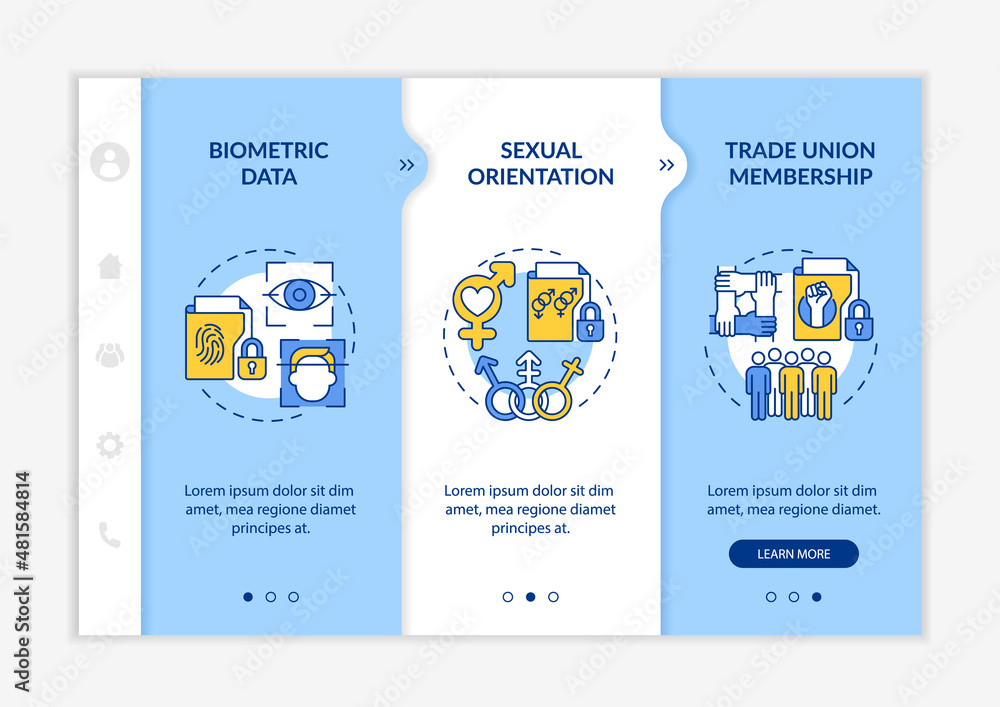 Poster examples of personal data blue and white onboarding template. identity security. responsive mobile w
