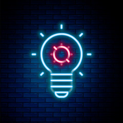 Glowing neon line Light bulb with concept of idea icon isolated on brick wall background. Energy and idea symbol. Inspiration concept. Colorful outline concept. Vector