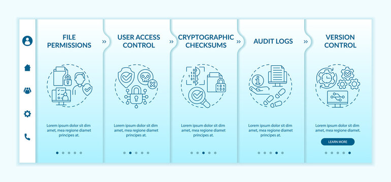Integrity turquoise gradient onboarding template. Sensitive data. Responsive mobile website with linear concept icons. Web page walkthrough 5 step screens. Lato-Bold, Regular fonts used