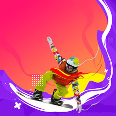 Professional female sportsman, snowboarder in sportswear snowboarding isolated bright background....