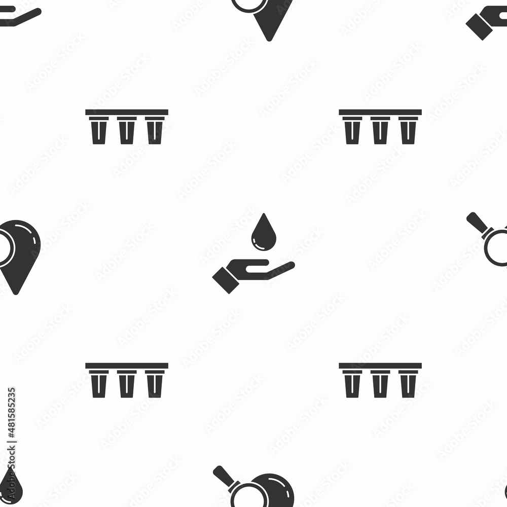 Poster set drop and magnifying glass, washing hands with soap and water filter on seamless pattern. vector