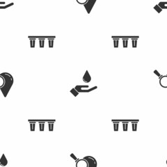 Set Drop and magnifying glass, Washing hands with soap and Water filter on seamless pattern. Vector