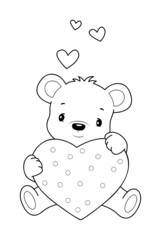 Teddy bear black and white outline illustration. Coloring book or page for kids