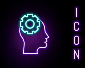 Glowing neon line Human head with gear inside icon isolated on black background. Artificial intelligence. Thinking brain. Symbol work of brain. Colorful outline concept. Vector