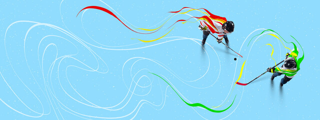 Contemporary art collage of little children, hockey players in uniform isolated over light background. Winter sports