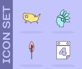 Set Calendar with date July 4, USA map, Indian feather and Native American icon. Vector