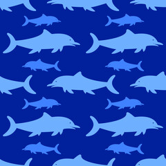 Seamless pattern in modern style, dolphins on a blue background. Modern design for paper, cover, fabric, interior decor.