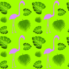 Delicate seamless pattern in a modern style, pink flamingo and palm leaves on a green background. Modern design for paper, cover, fabric, interior decor.