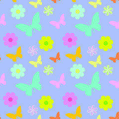 Delicate seamless pattern in a modern style, butterflies and flowers on a blue background. Modern design for paper, cover, fabric, interior decor.