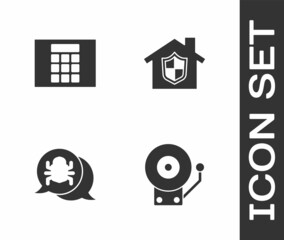 Set Ringing alarm bell, Password protection, System bug and House under icon. Vector