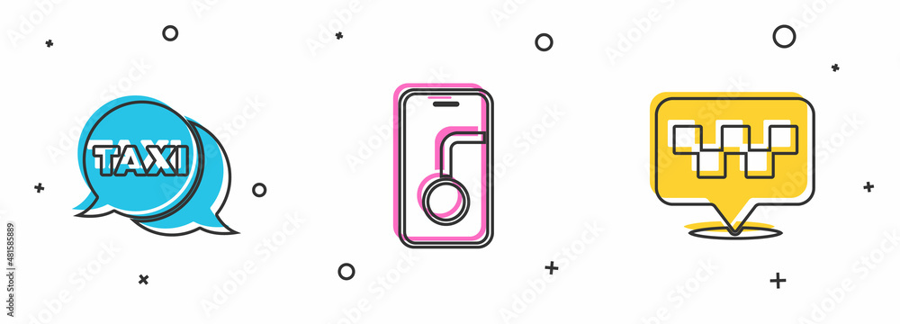 Poster set taxi call telephone service, city map navigation and location with taxi icon. vector