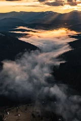 Fototapeten Sunrise in the Carpathians, misty mountains and spruce forests in the nature park. © Niko_Dali