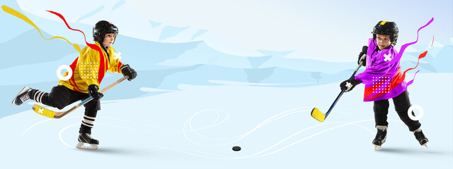 Contemporary art collage of little children, hockey players in uniform isolated over light background. Winter sports