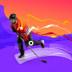 Contemporary art collage. Modern design. Man, professional hockey player in protective uniform...