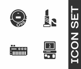 Set Tetris, Music CD player, synthesizer and Lipstick icon. Vector