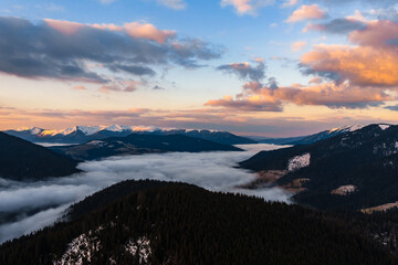 Morning haze in the mountains, picturesque landscapes at sunrise in the mountains and forests.