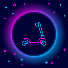 Glowing neon line Roller scooter for children icon isolated on black background. Kick scooter or balance bike. Colorful outline concept. Vector