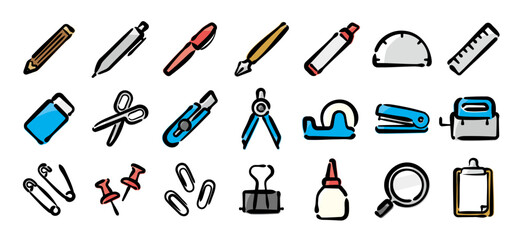 Stationery icon set for graphic (Hand-drawn line, colored version)
