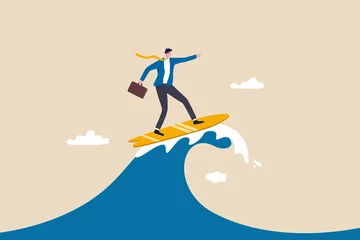 Fotobehang Follow business trend or momentum, challenge to overcome difficulty, professional experience worker or career development concept, expert businessman surfing or riding wave to success direction. © Nuthawut