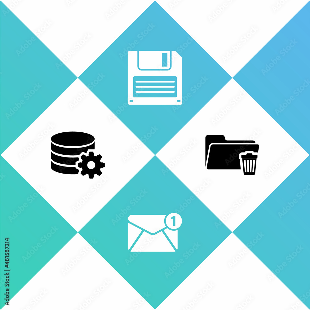 Poster set setting database server, new, email incoming message, floppy disk and delete folder icon. vector