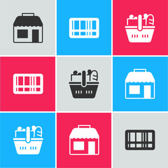 Set Market store, Barcode and Shopping basket and food icon. Vector
