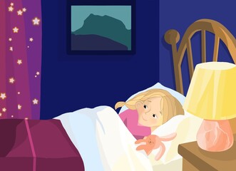 Illustration for a children's book. Girl in the crib before sleeping in her room.