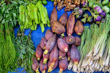 Exotic vegetables sold in Luang Prabang morning market in Laos