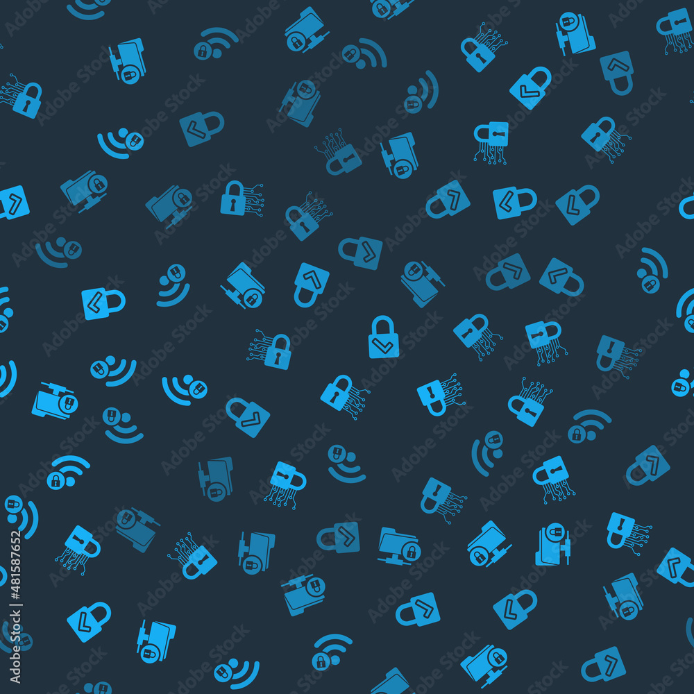 Poster set ftp folder and lock, cyber security, lock check mark and wifi locked on seamless pattern. vector