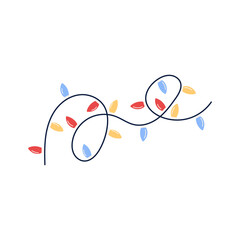 Fairy lights garland, flat vector illustration isolated on white background. Festive light bulbs on string. Concept of Christmas or Birthday celebration.