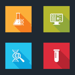 Set DNA research, search, Clinical record on monitor, and Test tube flask icon. Vector