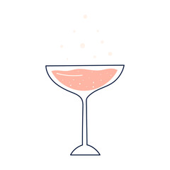 Glass of rose wine or martini with linear element, flat vector illustration isolated on white background. Hand drawn glass for  drinking alcoholic beverages at the parties.
