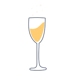 Glass of sparkling champagne in simple style, flat vector illustration isolated on white background. Minimalistic linear glass for alcoholic drink.