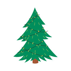 Obraz premium Cute Christmas tree decorated with lights garland, flat vector illustration isolated on white background. Hand drawn evergreen plant for winter holidays.