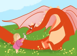 Illustration for a children's book. Girl and red dragon