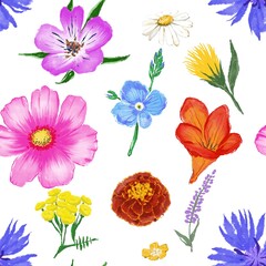 Seamless pattern with different flowers on a white background 