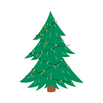 Cute Christmas tree decorated with lights garland, flat vector illustration isolated on white background. Hand drawn evergreen plant for winter holidays.