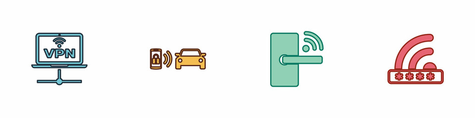 Set VPN Computer network, Smart car alarm system, Digital door lock with wireless and Wifi locked icon. Vector