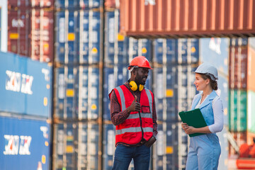 Businesswoman and engineer talking and checking loading Containers box from Cargo freight ship for...